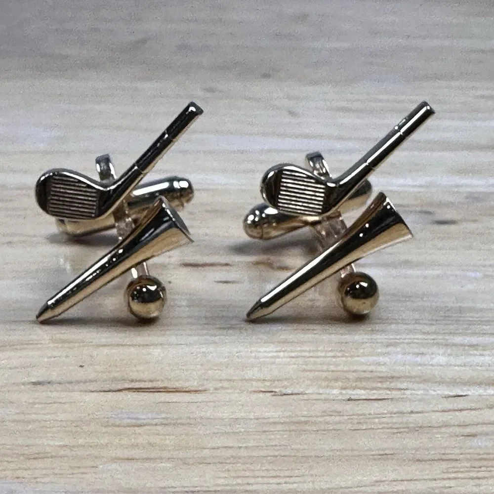 VTG Anson Pat Pend Golf Club Tee Ball Tigers Eye Stone Cufflinks‎ Gold Plated